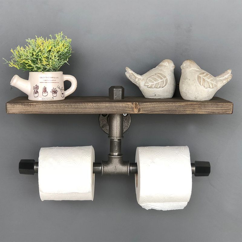 Casa si Gradina - Sanitare - Suporturi si accesorii baie - Suporturi baie - Raft cu ţeava, Hanah Home, lemn de molid şi metal, negru şi nuc, 40x12x12 cm - Infinity.ro