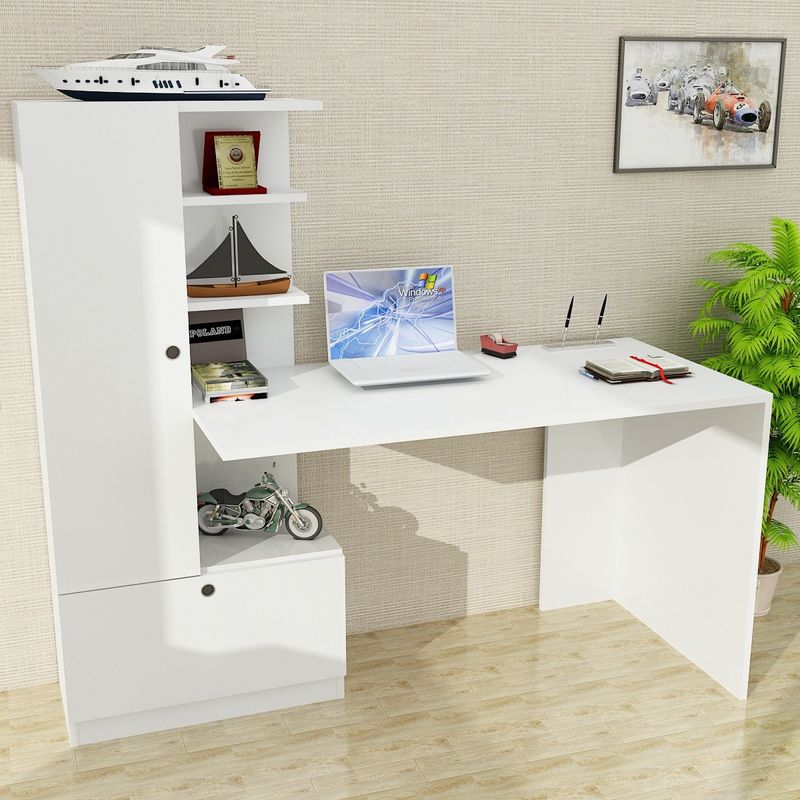 Casa si Gradina - Mobilier - Mese si birouri - Birouri - Birou cu rafturi, Hanah Home, pal melaminat, alb, 149.5x140x61.8 cm - Infinity.ro