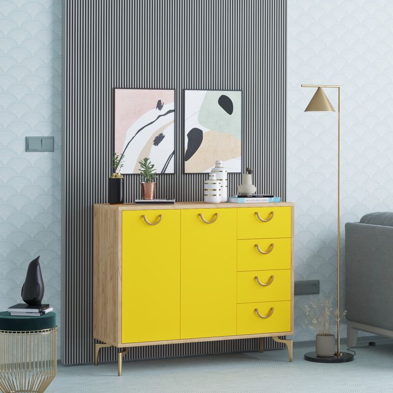 Casa si Gradina - Mobilier - Organizare si depozitare - Organizator incaltaminte - Dulap pentru pantofi, Hanah Home, pal melaminat, stejar si galben, 100x35x82 cm - Infinity.ro