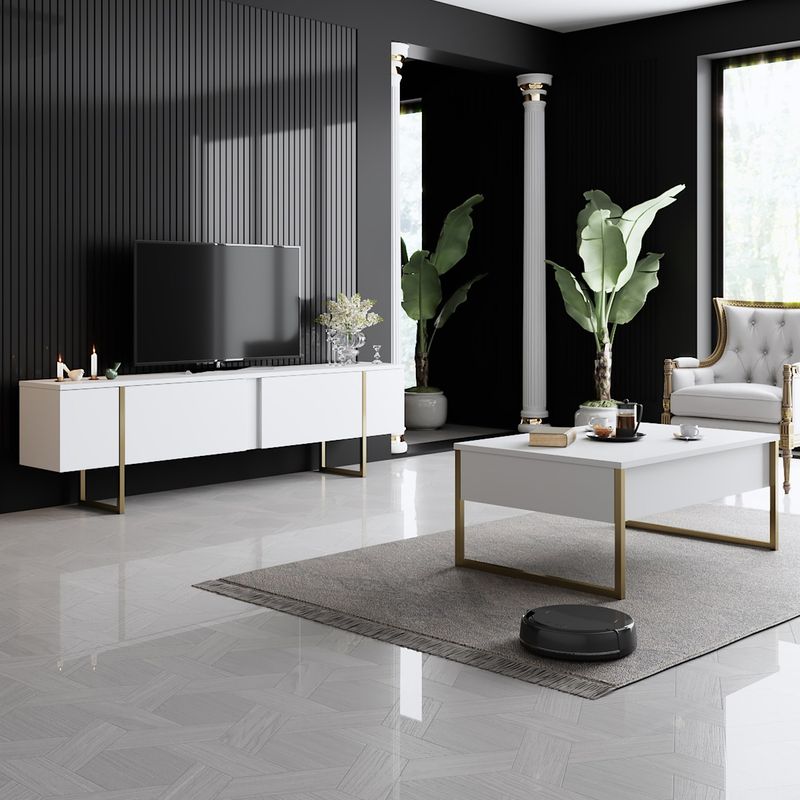 Casa si Gradina - Mobilier - Comode si corpuri - Comode - Comoda tv, Hanah Home, pal melaminat, alb auriu, 180x30x50 cm - Infinity.ro