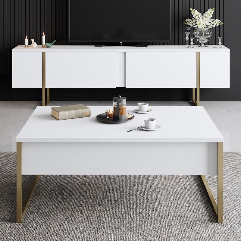 Casa si Gradina - Mobilier - Comode si corpuri - Comode - Comoda tv, Hanah Home, pal melaminat, alb auriu, 180x30x50 cm - Infinity.ro