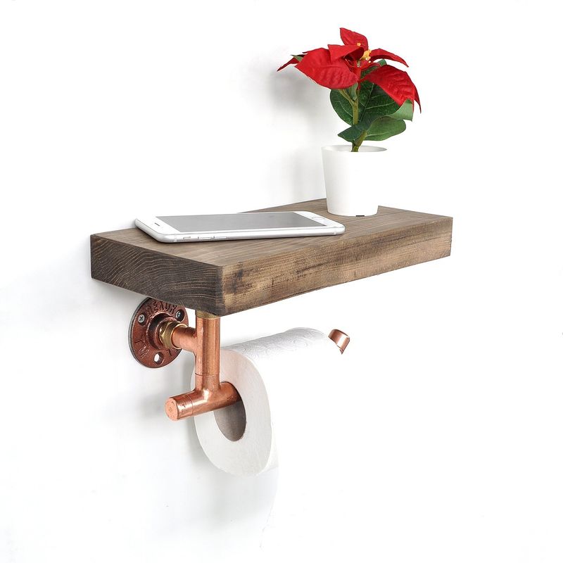 Casa si Gradina - Sanitare - Suporturi si accesorii baie - Suporturi baie - Raft pentru baie, Hanah Home, lemn de molid si cupru, aur roz si nuc, 30x15x14 cm - Infinity.ro