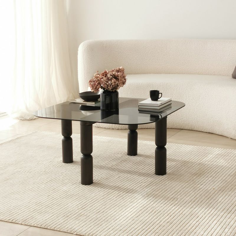 Casa si Gradina - Mobilier - Mese si birouri - Masute de cafea - Masuta de cafea, Hanah Home, sticla securizata si lemn masiv, antracit si fum, 80x80x40 cm - Infinity.ro
