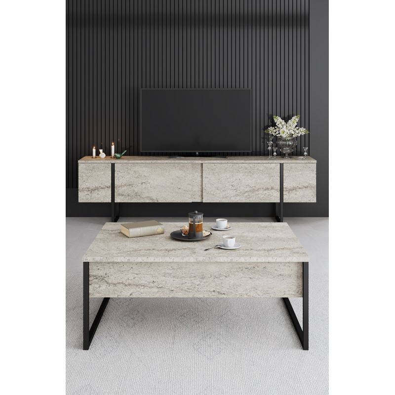 Casa si Gradina - Mobilier - Comode si corpuri - Comode - Comoda tv, Hanah Home, pal melaminat, travertin si negru, 180x30x50 cm - Infinity.ro