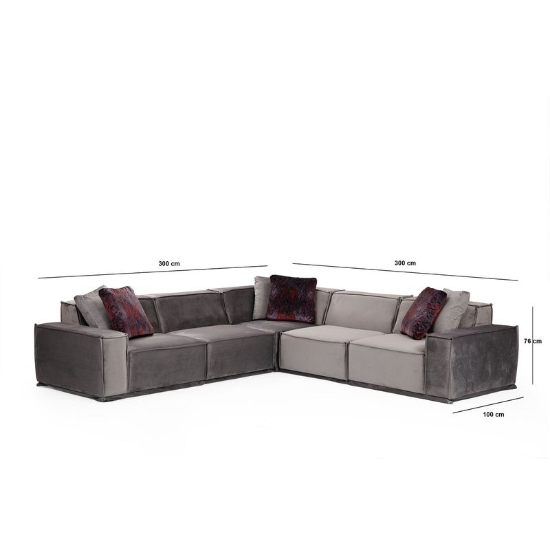 Casa si Gradina - Mobilier - Canapele si coltare - Coltare - Coltar, Hanah Home, lemn de fag si pal, gri, 300x300x100 cm - Infinity.ro