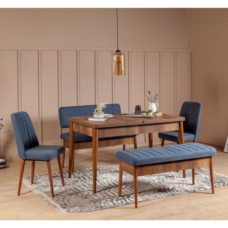 Casa si Gradina - Mobilier - Seturi de mobilier - Seturi mese si scaune - Set masa si scaune extensibile, Hanah Home, pal melaminat, nuc, albastru inchis, 130x80x77 cm - Infinity.ro