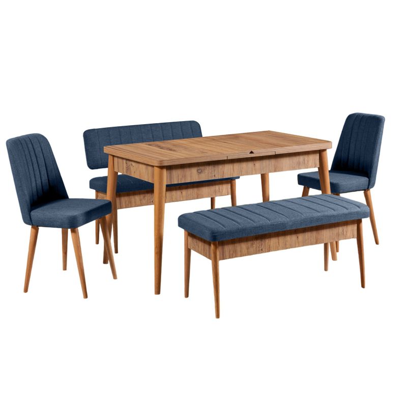Casa si Gradina - Mobilier - Seturi de mobilier - Seturi mese si scaune - Set masa si scaune extensibile, Hanah Home, pal melaminat, nuc, albastru inchis, 130x80x77 cm - Infinity.ro