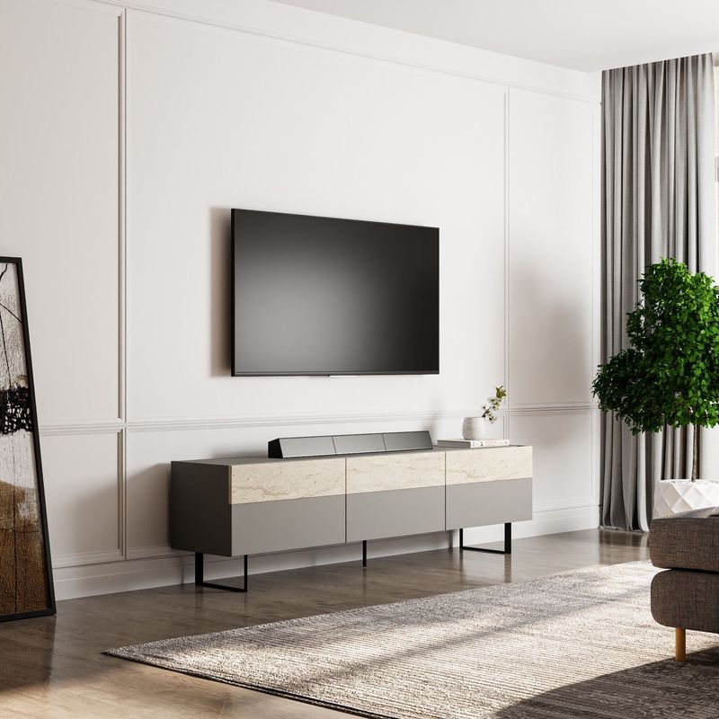 Casa si Gradina - Mobilier - Comode si corpuri - Comode - Comoda tv, Hanah Home, pal melaminat, gri si travertin, 180x37x49 cm - Infinity.ro