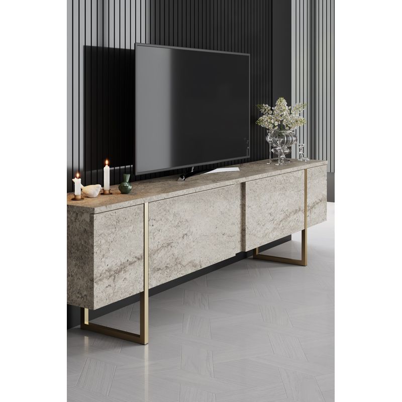 Casa si Gradina - Mobilier - Comode si corpuri - Comode - Comoda tv, Hanah Home, pal melaminat, travertin si auriu, 180x30x50 cm - Infinity.ro