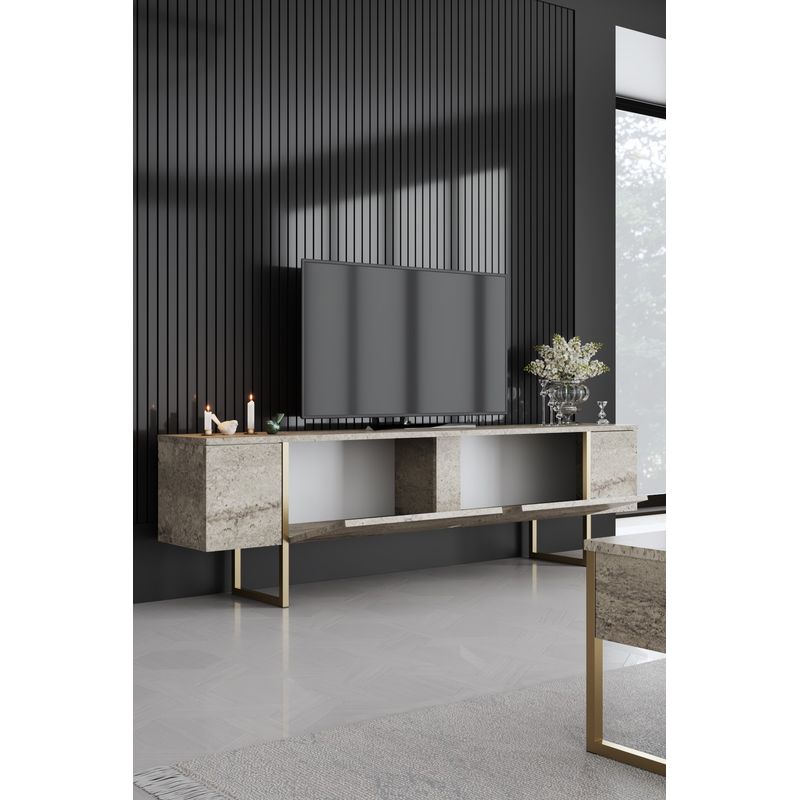 Casa si Gradina - Mobilier - Comode si corpuri - Comode - Comoda tv, Hanah Home, pal melaminat, travertin si auriu, 180x30x50 cm - Infinity.ro