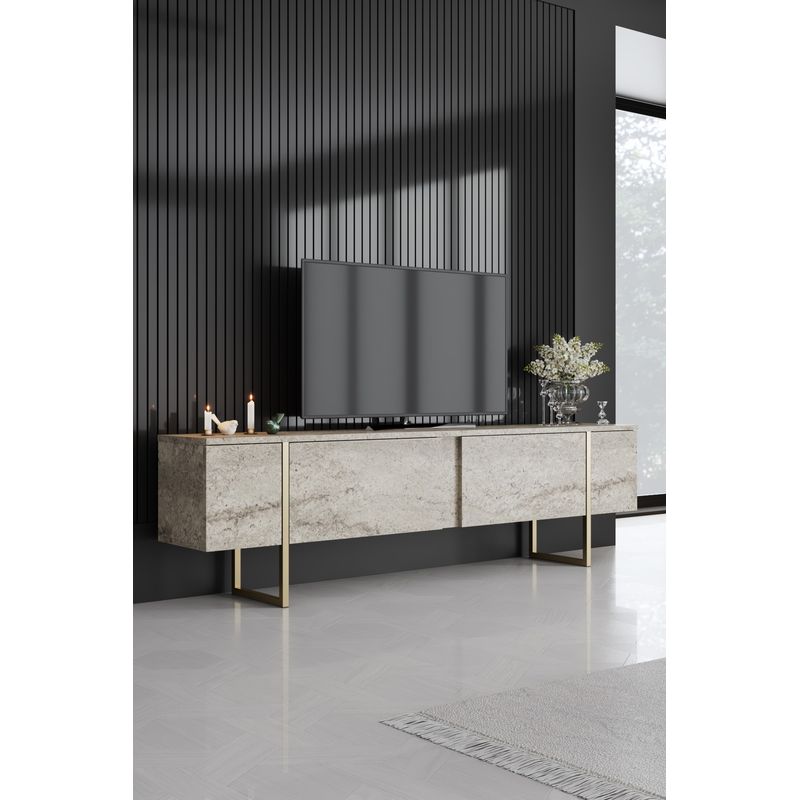 Casa si Gradina - Mobilier - Comode si corpuri - Comode - Comoda tv, Hanah Home, pal melaminat, travertin si auriu, 180x30x50 cm - Infinity.ro