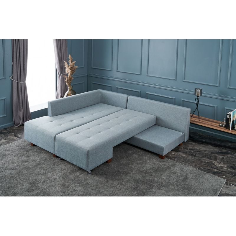 Casa si Gradina - Mobilier - Canapele si coltare - Coltare - Coltar extensibil, Hanah Home, lemn si panouri de fibre, albastru deschis, 280x206x85 cm - Infinity.ro