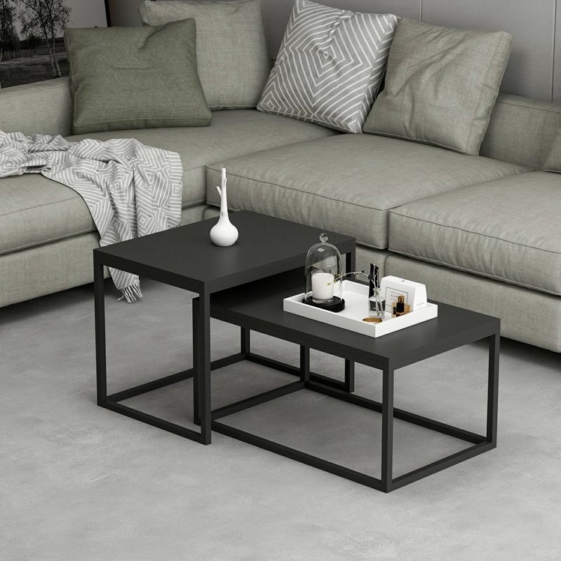 Casa si Gradina - Mobilier - Mese si birouri - Masute de cafea - Set masute de cafea, Hanah Home, pal melaminat, negru, cadru metalic, 60x45x47 cm si 72x45x37 cm - Infinity.ro