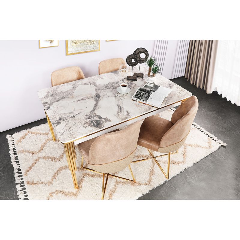 Casa si Gradina - Mobilier - Scaune si fotolii - Scaune - Set scaune, Hanah Home, metal, catifea, auriu maro, 50x49x90 cm, 4 bucati - Infinity.ro