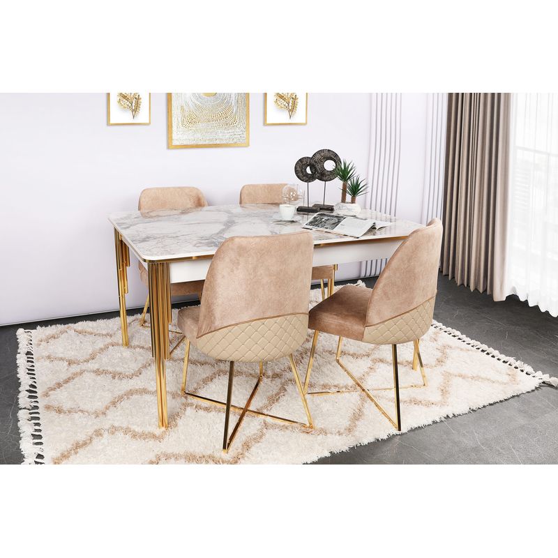 Casa si Gradina - Mobilier - Scaune si fotolii - Scaune - Set scaune, Hanah Home, metal, catifea, auriu maro, 50x49x90 cm, 4 bucati - Infinity.ro