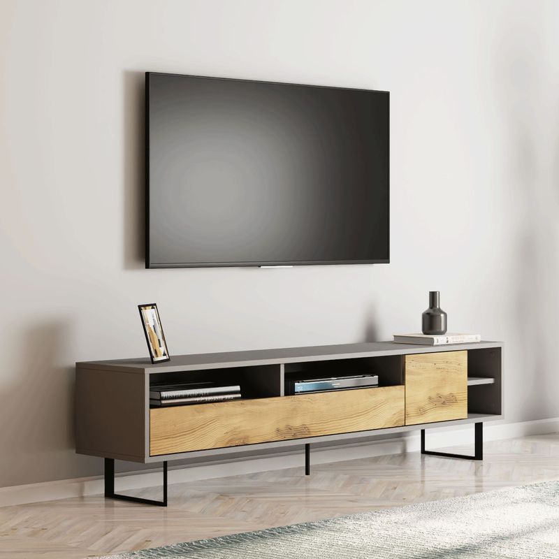 Casa si Gradina - Mobilier - Comode si corpuri - Comode - Comoda tv, Hanah Home, pal melaminat, gri si stejar, 180x44.7x29.8 cm - Infinity.ro