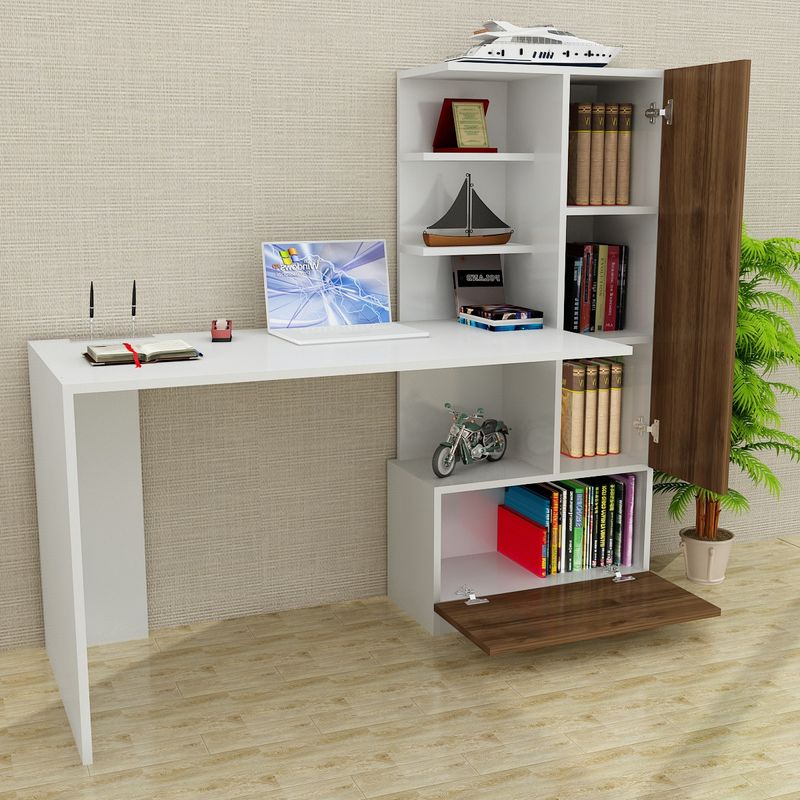 Casa si Gradina - Mobilier - Mese si birouri - Birouri - Birou de studiu, Hanah Home, pal melaminat, alb si nuc, 149.5x120x61.8 cm - Infinity.ro