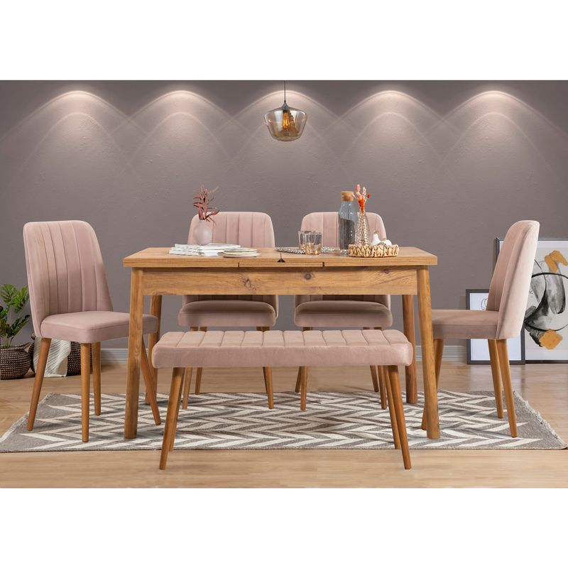 Casa si Gradina - Mobilier - Seturi de mobilier - Seturi mese si scaune - Set masa extensibila cu scaune, Hanah Home, pal melaminat, pin atlantic si piatra, 120x77x75 cm (extensibila 153 cm) - Infinity.ro