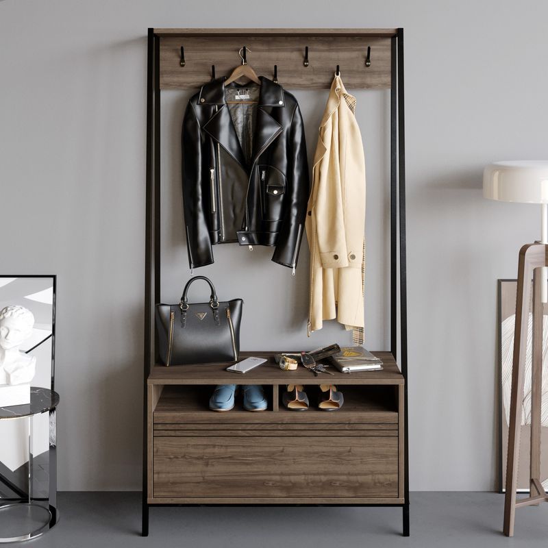 Casa si Gradina - Mobilier - Organizare si depozitare - Cuiere - Cuier, Hanah Home, pal melaminat, nuc si negru, 94x35.3x180 cm - Infinity.ro