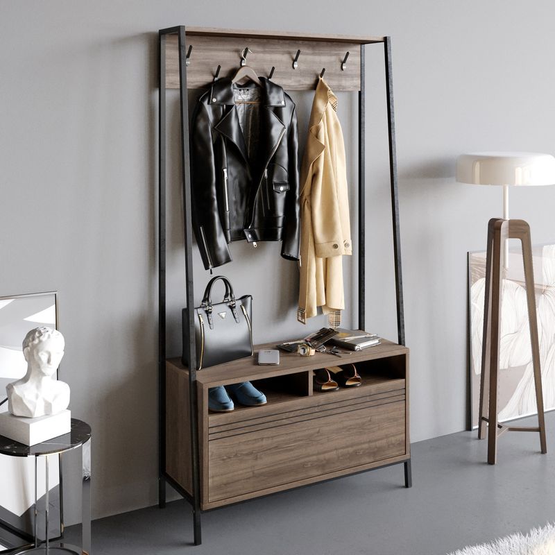 Casa si Gradina - Mobilier - Organizare si depozitare - Cuiere - Cuier, Hanah Home, pal melaminat, nuc si negru, 94x35.3x180 cm - Infinity.ro