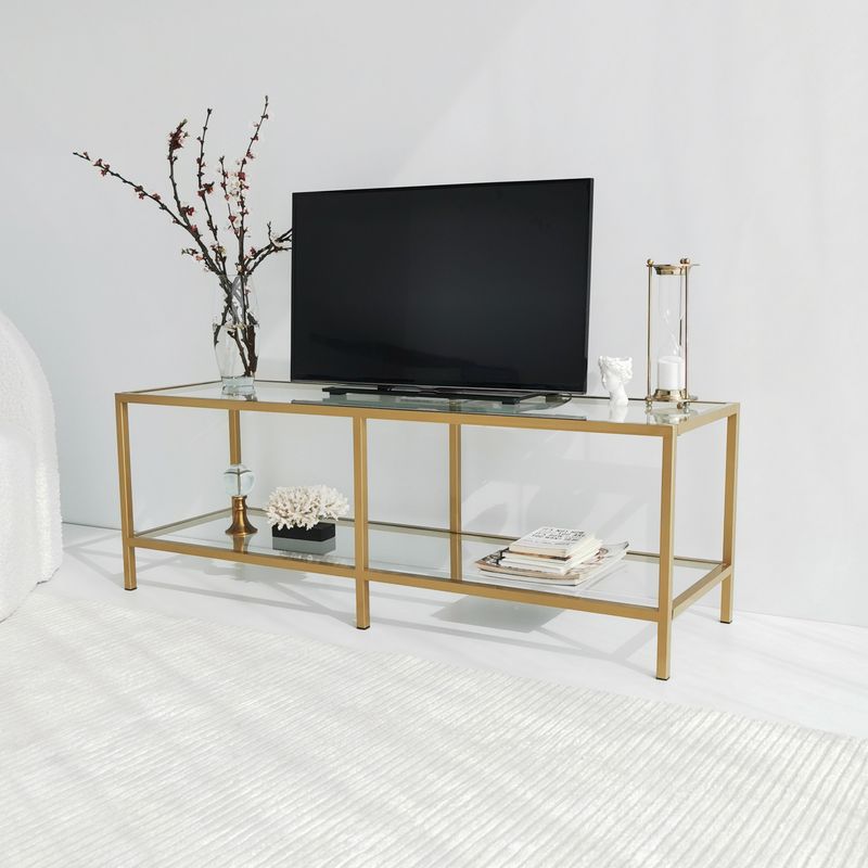 Casa si Gradina - Mobilier - Comode si corpuri - Console - Suport tv, Hanah Home, sticla securizata si metal, auriu, 130x45x40 cm - Infinity.ro