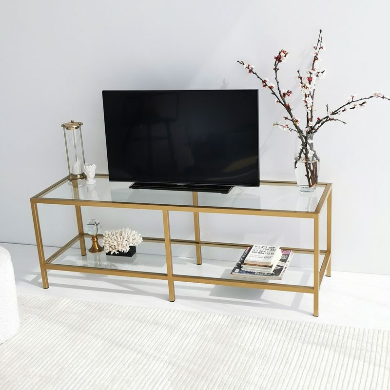 Casa si Gradina - Mobilier - Comode si corpuri - Console - Suport tv, Hanah Home, sticla securizata si metal, auriu, 130x45x40 cm - Infinity.ro
