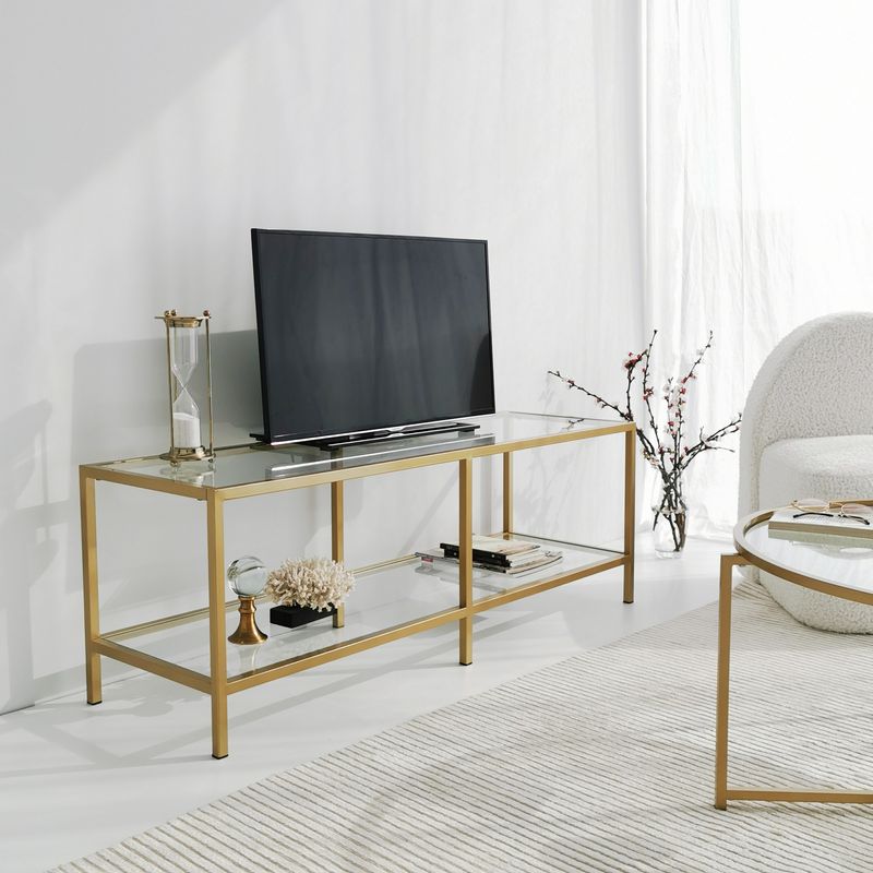 Casa si Gradina - Mobilier - Comode si corpuri - Console - Suport tv, Hanah Home, sticla securizata si metal, auriu, 130x45x40 cm - Infinity.ro
