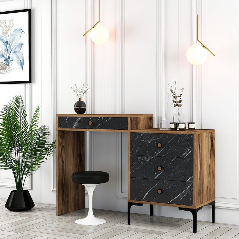 Casa si Gradina - Mobilier - Comode si corpuri - Masute de toaleta - Masa de machiaj, Hanah Home, pal melaminat, nuc si negru, 124x40x84.7 cm - Infinity.ro