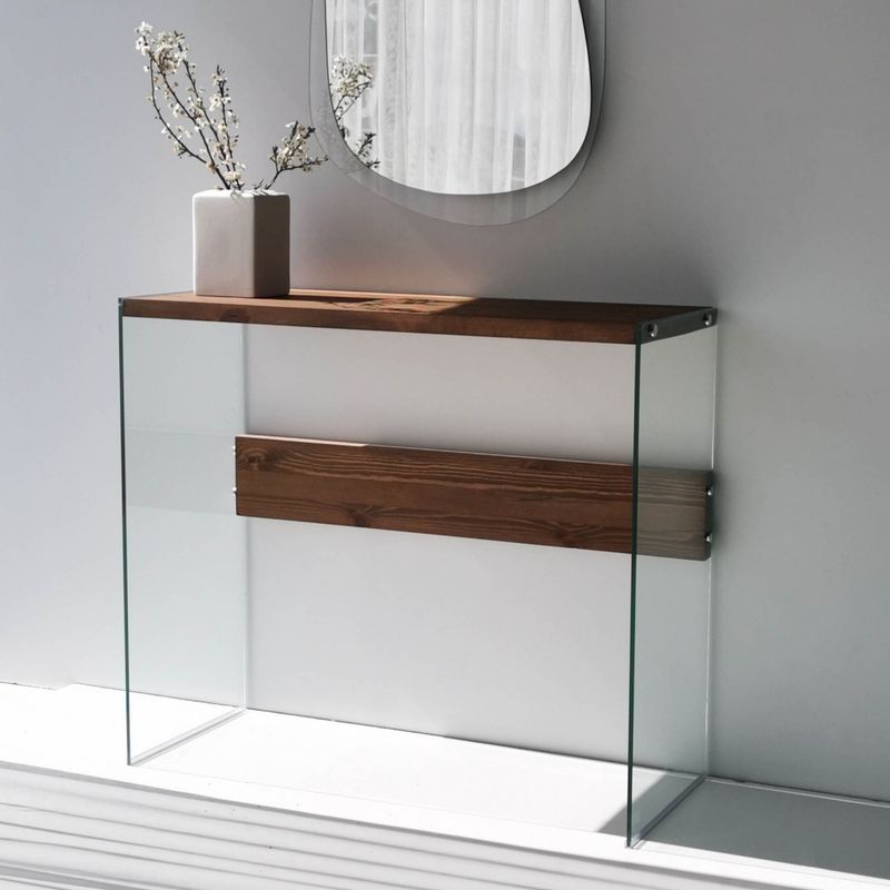 Casa si Gradina - Mobilier - Comode si corpuri - Console - Consola, Hanah Home, sticla calita si lemn masiv de pin, nuc, 91x37x80 cm - Infinity.ro