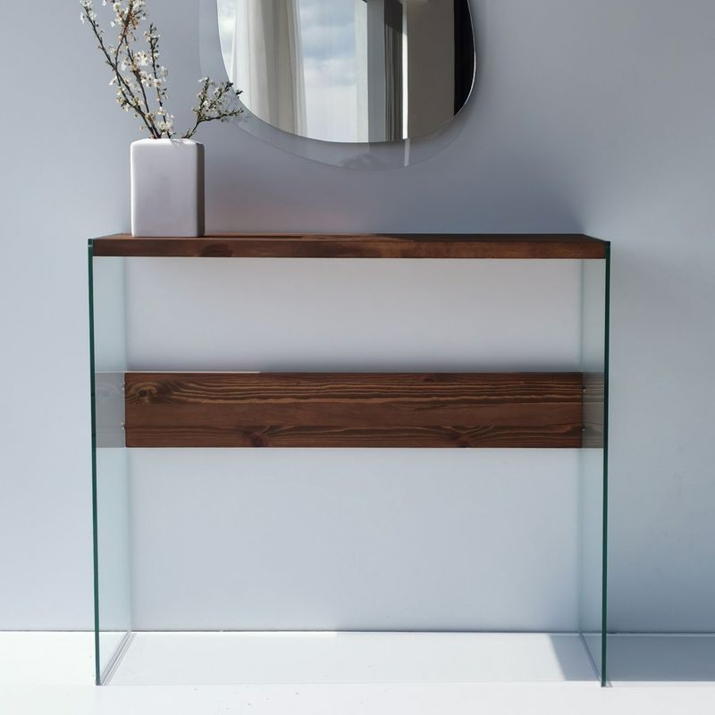 Casa si Gradina - Mobilier - Comode si corpuri - Console - Consola, Hanah Home, sticla calita si lemn masiv de pin, nuc, 91x37x80 cm - Infinity.ro