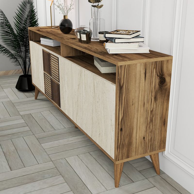 Casa si Gradina - Mobilier - Comode si corpuri - Console - Consola, Hanah Home, panou de particule melaminat, nuc si travertin, 180x35x78 cm, 845HCT5606 - Infinity.ro