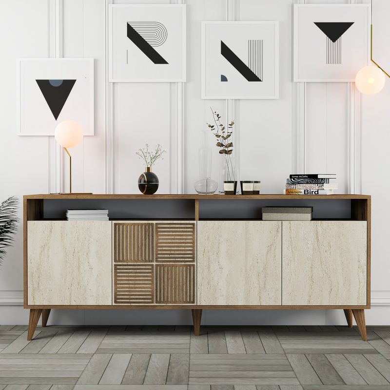 Casa si Gradina - Mobilier - Comode si corpuri - Console - Consola, Hanah Home, panou de particule melaminat, nuc si travertin, 180x35x78 cm, 845HCT5606 - Infinity.ro