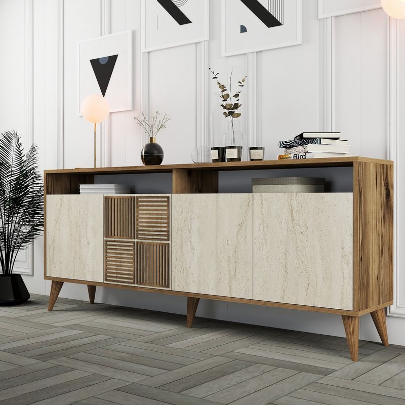 Casa si Gradina - Mobilier - Comode si corpuri - Console - Consola, Hanah Home, panou de particule melaminat, nuc si travertin, 180x35x78 cm, 845HCT5606 - Infinity.ro