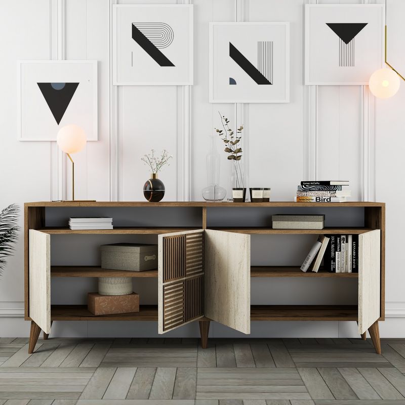 Casa si Gradina - Mobilier - Comode si corpuri - Console - Consola, Hanah Home, panou de particule melaminat, nuc si travertin, 180x35x78 cm, 845HCT5606 - Infinity.ro