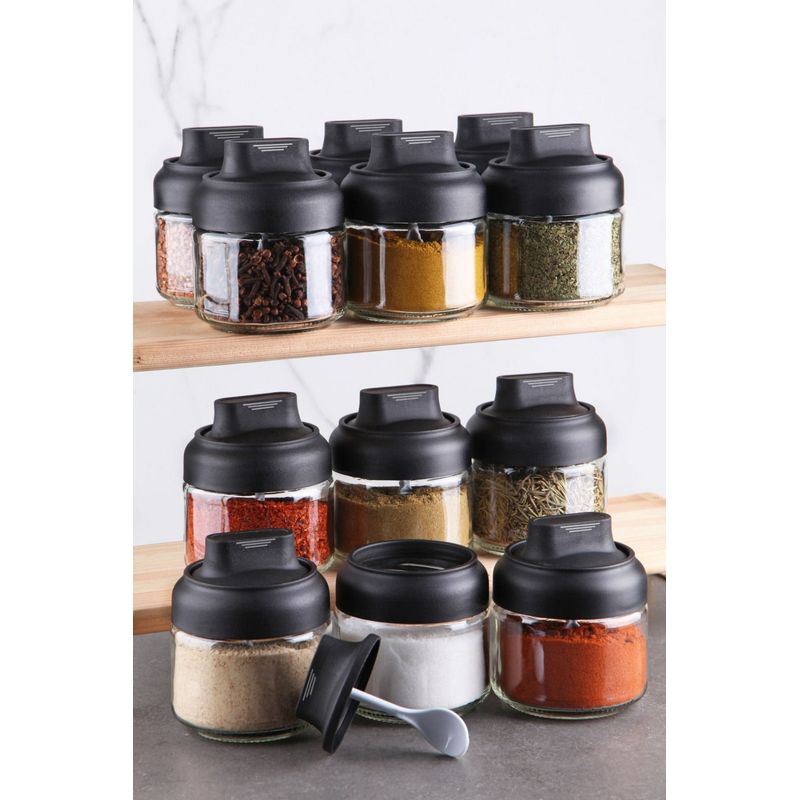 Casa si Gradina - Bucatarie si vesela - Organizare si depozitare bucatarie - Borcane si capace - Set borcane condimente, Hermia, sticla, negru, 10x10x9.5 cm, 12 bucati - Infinity.ro