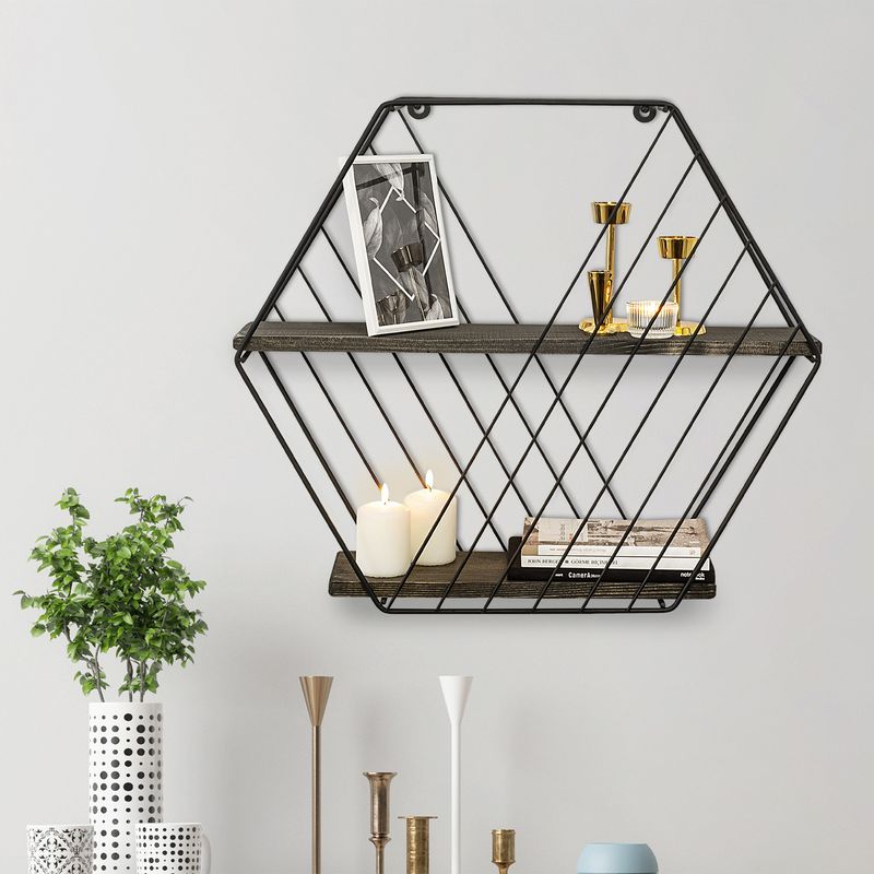 Casa si Gradina - Mobilier - Biblioteci si rafturi - Rafturi - Raft de perete, Hanah Home, lemn molid, negru si nuc inchis, 60x52x15 cm - Infinity.ro
