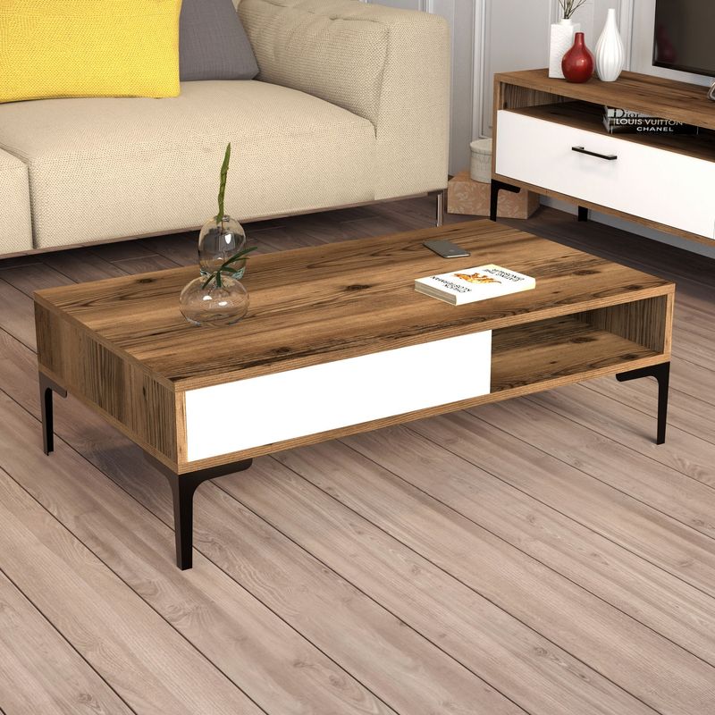 Casa si Gradina - Mobilier - Mese si birouri - Masute de cafea - Masuta de cafea, Hanah Home, pal melaminat, nuc si alb, 105x60x32.6 cm - Infinity.ro