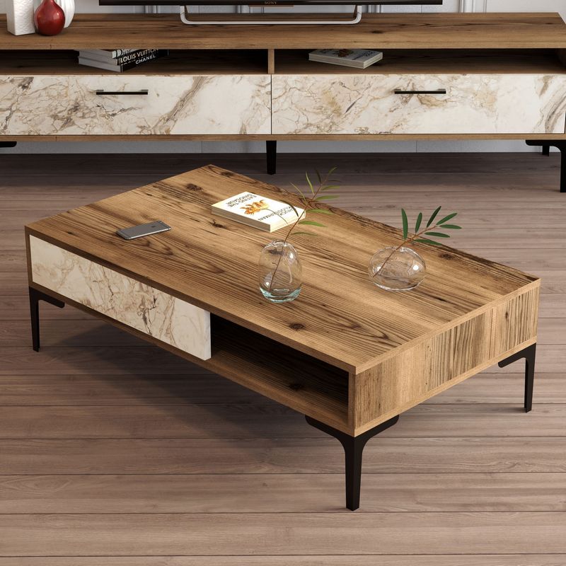 Casa si Gradina - Mobilier - Mese si birouri - Masute de cafea - Masuta de cafea, Hanah Home, panou aglomerat cu melamina, nuc si alb, 105x60x32.6 cm - Infinity.ro