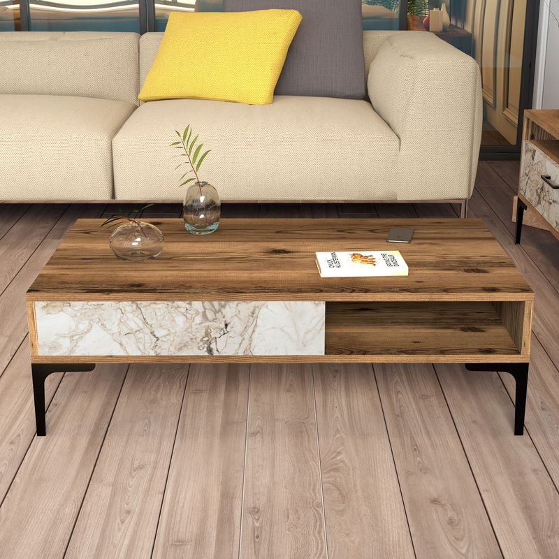 Casa si Gradina - Mobilier - Mese si birouri - Masute de cafea - Masuta de cafea, Hanah Home, panou aglomerat cu melamina, nuc si alb, 105x60x32.6 cm - Infinity.ro