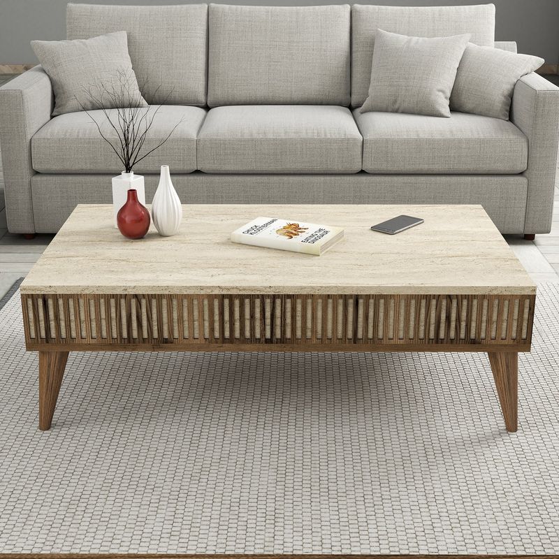 Casa si Gradina - Mobilier - Mese si birouri - Masute de cafea - Masuta de cafea, Hanah Home, pal melaminat, nuc si travertin, 105x60x35 cm - Infinity.ro