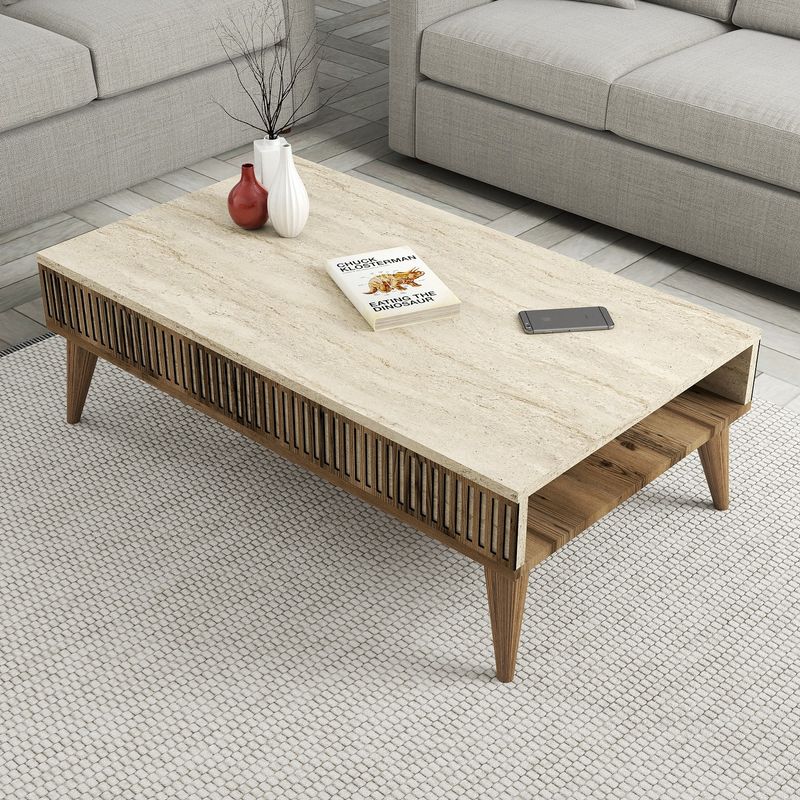 Casa si Gradina - Mobilier - Mese si birouri - Masute de cafea - Masuta de cafea, Hanah Home, pal melaminat, nuc si travertin, 105x60x35 cm - Infinity.ro