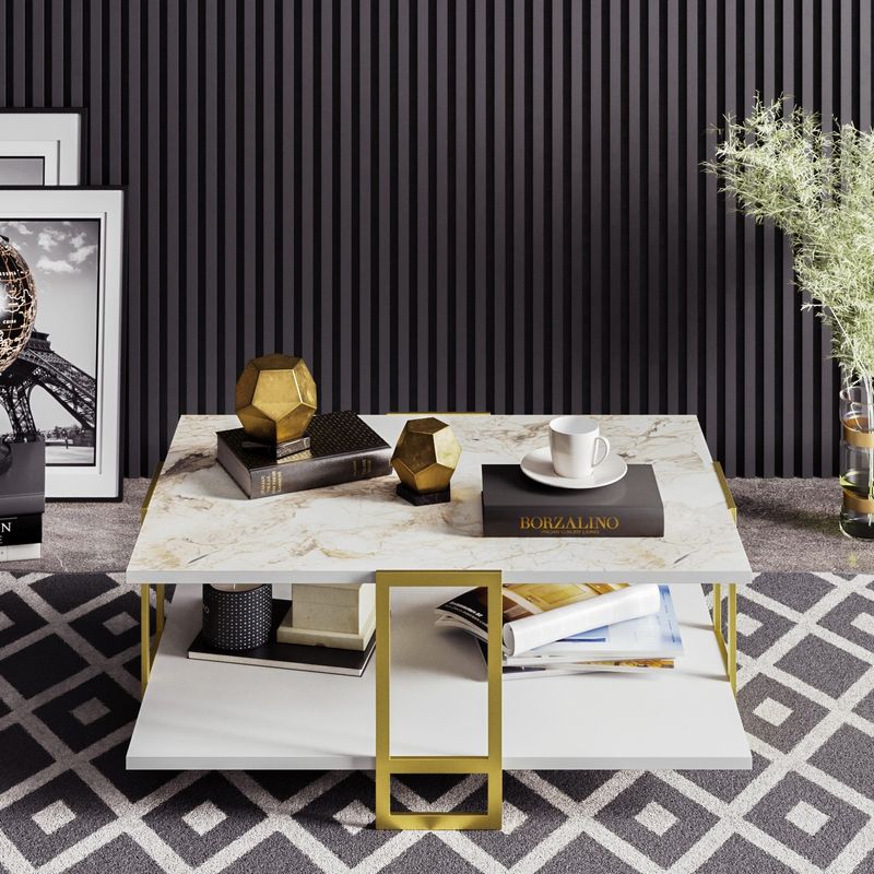 Casa si Gradina - Mobilier - Mese si birouri - Masute de cafea - Masuta de cafea, Hanah Home, pal melaminat, auriu si alb, 91.5x61.5x36.6 cm - Infinity.ro