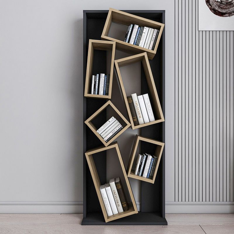 Casa si Gradina - Mobilier - Biblioteci si rafturi - Biblioteci - Biblioteca, Hanah Home, pal melaminat, negru si stejar, 63x24x153.6 cm - Infinity.ro