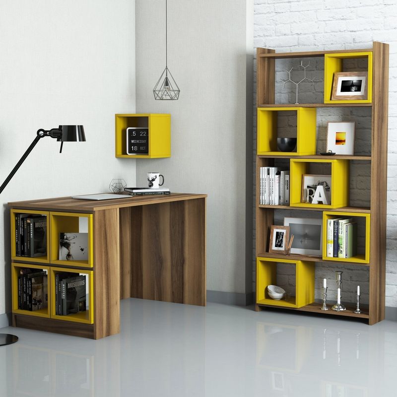 Casa si Gradina - Mobilier - Mese si birouri - Birouri - Birou cu rafturi, Hanah Home, pal melaminat, nuc si galben, 120x65x75 cm - Infinity.ro