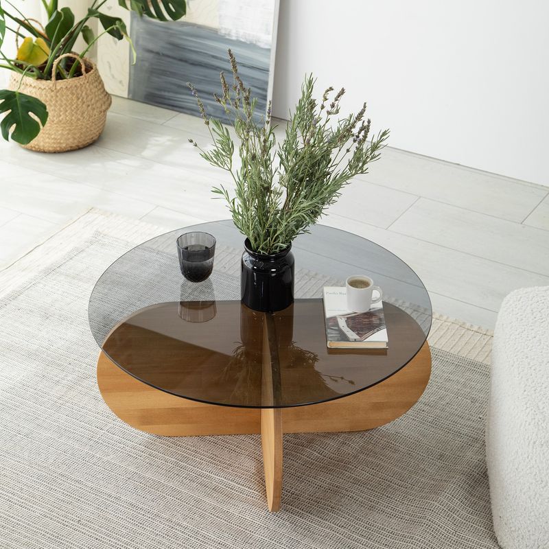 Casa si Gradina - Mobilier - Mese si birouri - Masute de cafea - Masuta de cafea, Hanah Home, sticla si lemn masiv de pin, stejar, 75x75x35 cm - Infinity.ro