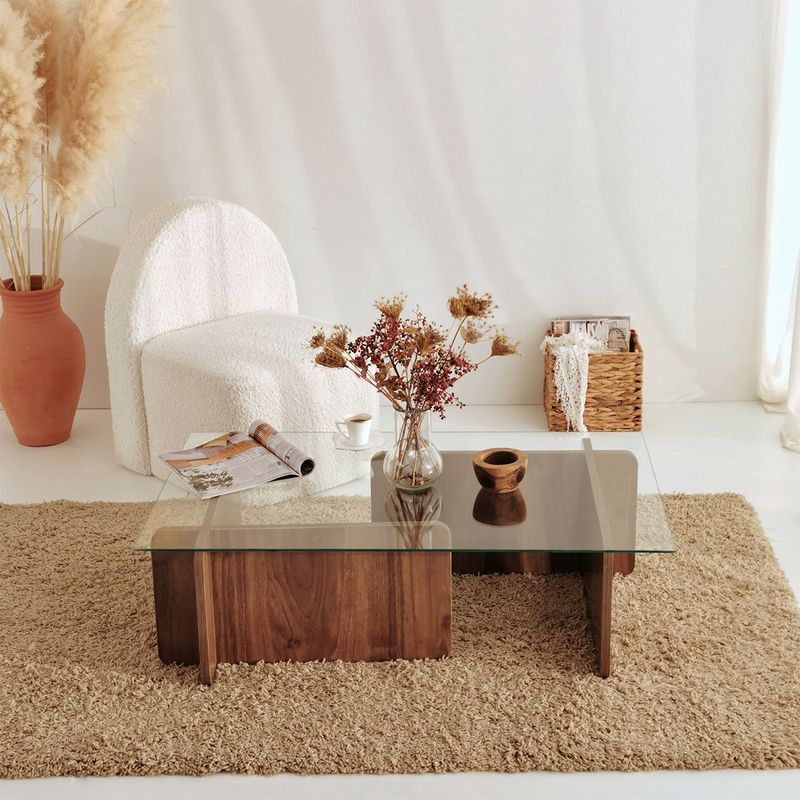 Casa si Gradina - Mobilier - Mese si birouri - Masute de cafea - Masuta de cafea, Hanah Home, sticla securizata si pal melaminat, nuc, 105x65x30 cm - Infinity.ro
