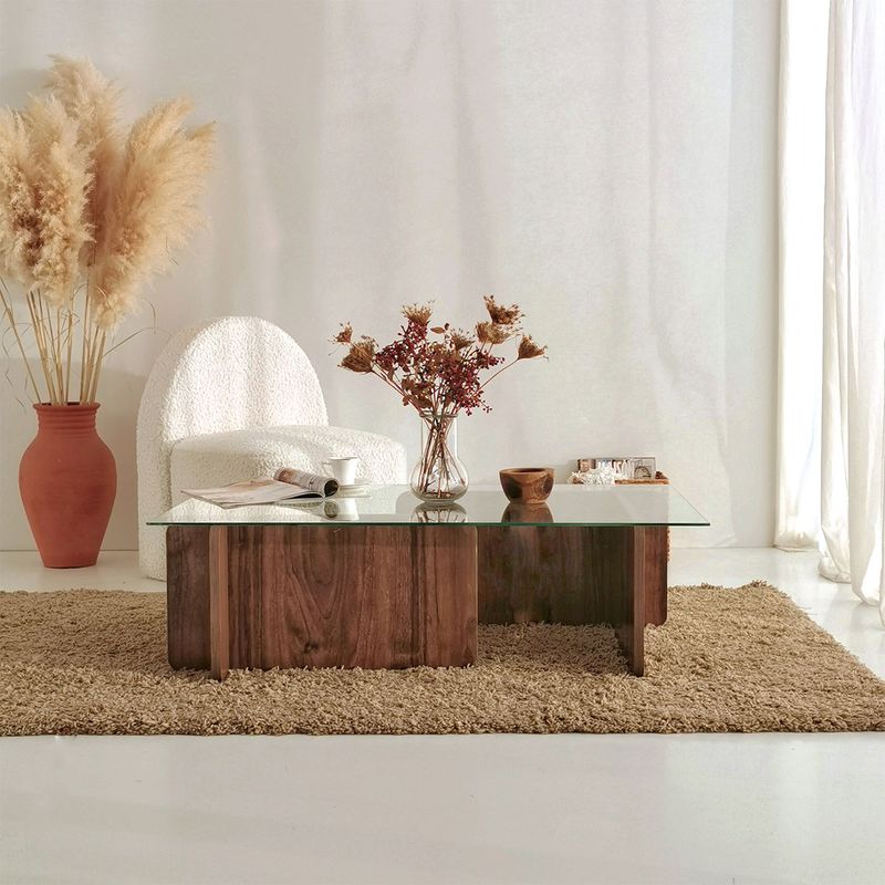 Casa si Gradina - Mobilier - Mese si birouri - Masute de cafea - Masuta de cafea, Hanah Home, sticla securizata si pal melaminat, nuc, 105x65x30 cm - Infinity.ro