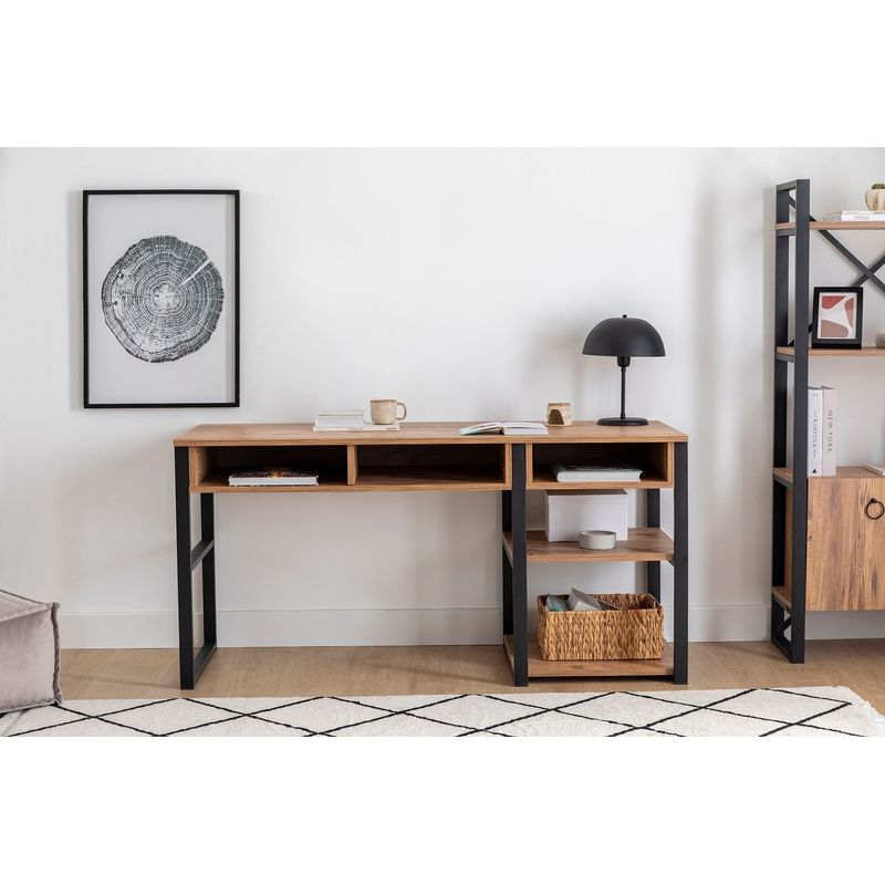 Casa si Gradina - Mobilier - Mese si birouri - Birouri - Birou de studiu, Hanah Home, panou de particule melaminat, nuc si negru, 150x58.4x75.8 cm - Infinity.ro