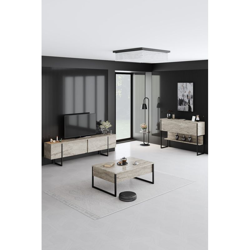 Casa si Gradina - Mobilier - Seturi de mobilier - Seturi living - Set mobilier living, Hanah Home, pal melaminat, travertin si negru, picioare metalice - Infinity.ro