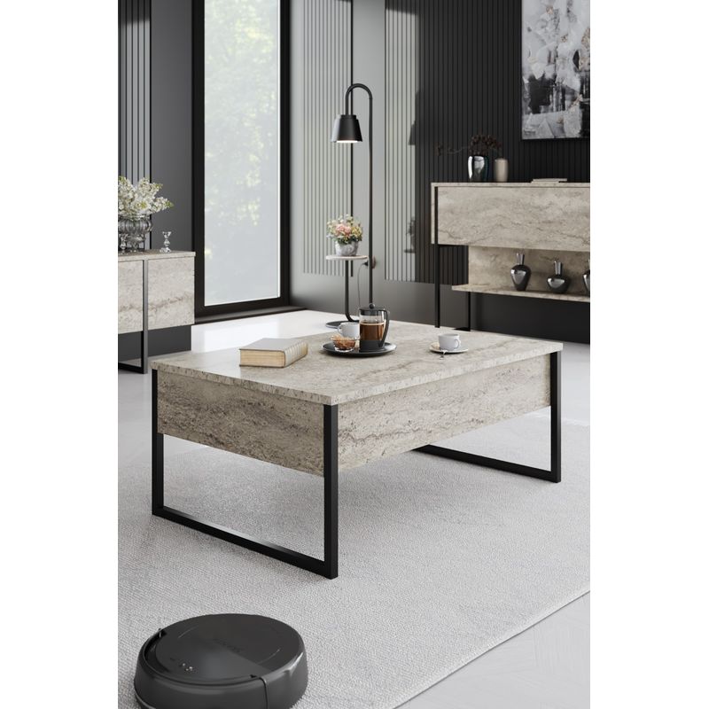 Casa si Gradina - Mobilier - Seturi de mobilier - Seturi living - Set mobilier living, Hanah Home, pal melaminat, travertin si negru, picioare metalice - Infinity.ro